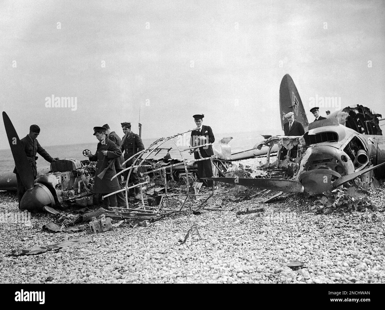 The remains of a German bomber shown July 21, 1940, brought down on the south-east coast of England, during a Nazi air raid on July 11. The source said forty Nazi planes were brought down in three days, by the work of the royal air force and anti-aircraft defenses. (AP Photo) Stock Photo