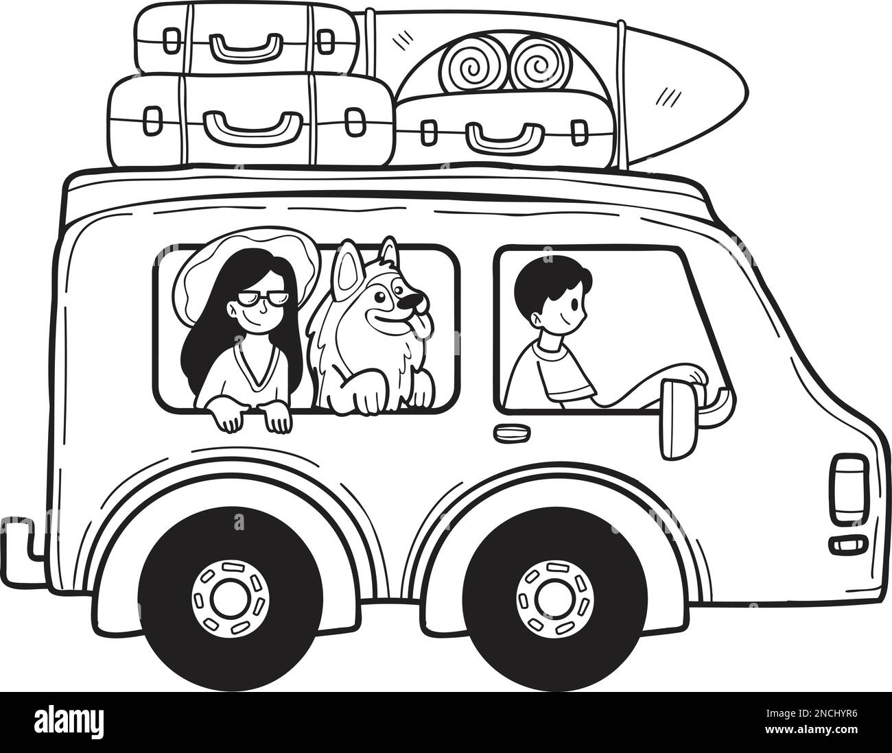 Hand Drawn Road trip van illustration in doodle style isolated on