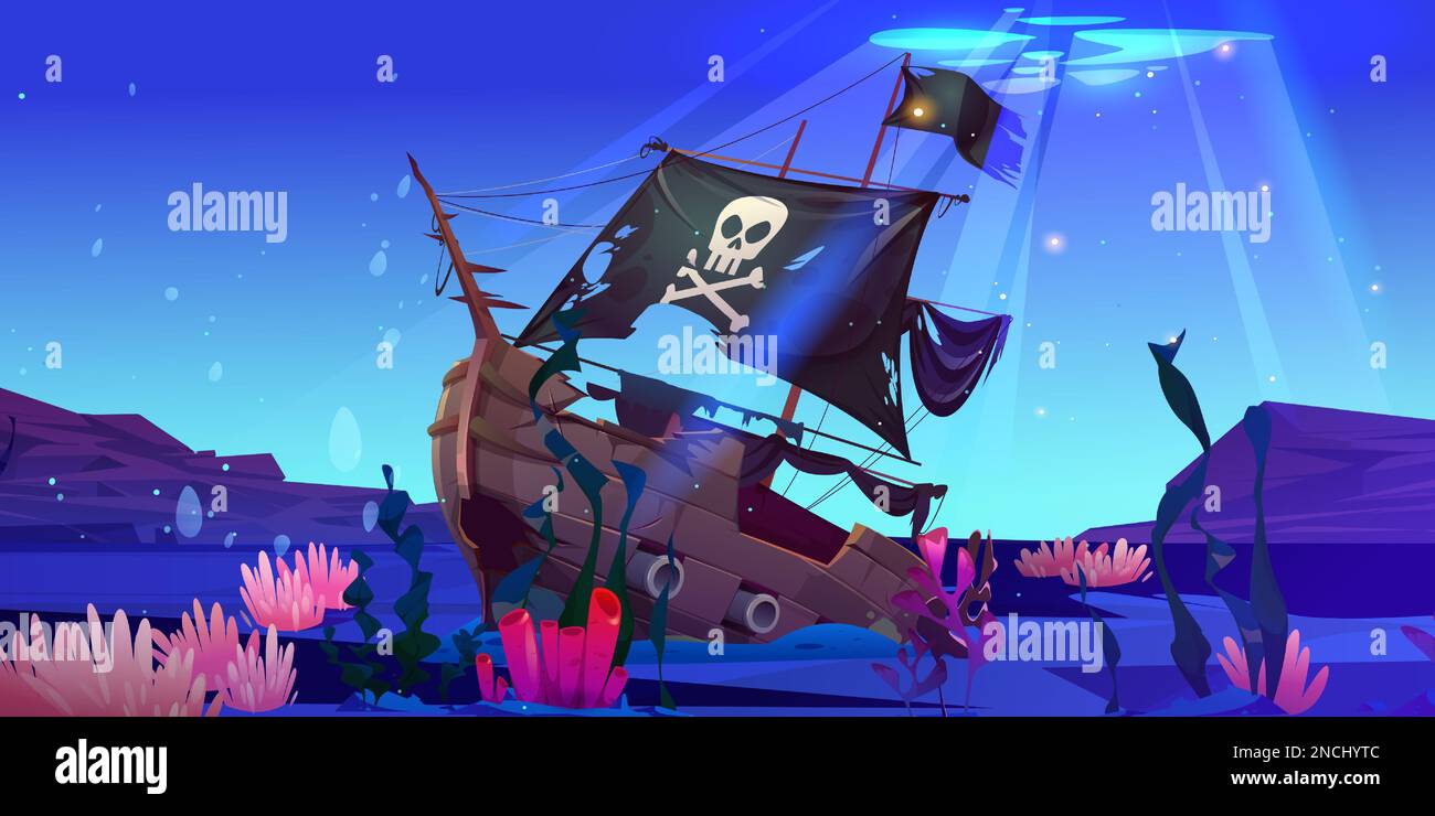 Underwater game scene with pirate ship crash and beam light. Vector wreck boat with black torn flag on seabed. Abandoned sunken vessel, sail with jolly roger, near rock, coral and seaweed to discover. Stock Vector
