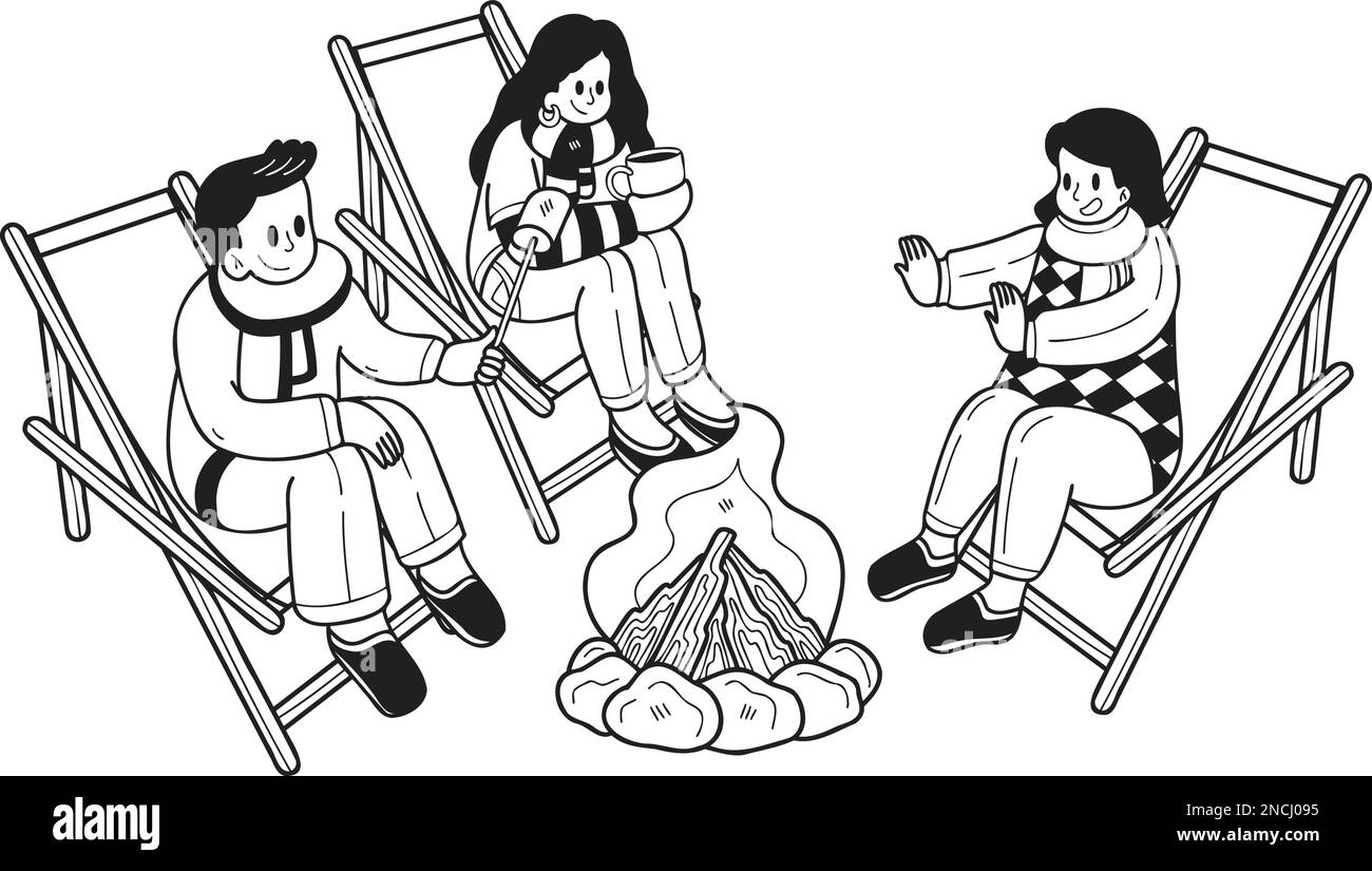 Hand Drawn A group of tourists sit by the fire in the forest