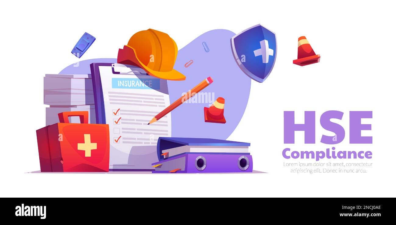 HSE compliance cartoon banner template. Vector illustration of insurance document checklist, medical kit, folders with papers, safety helmet and traffic cone. Symbols of health and labor protection Stock Vector