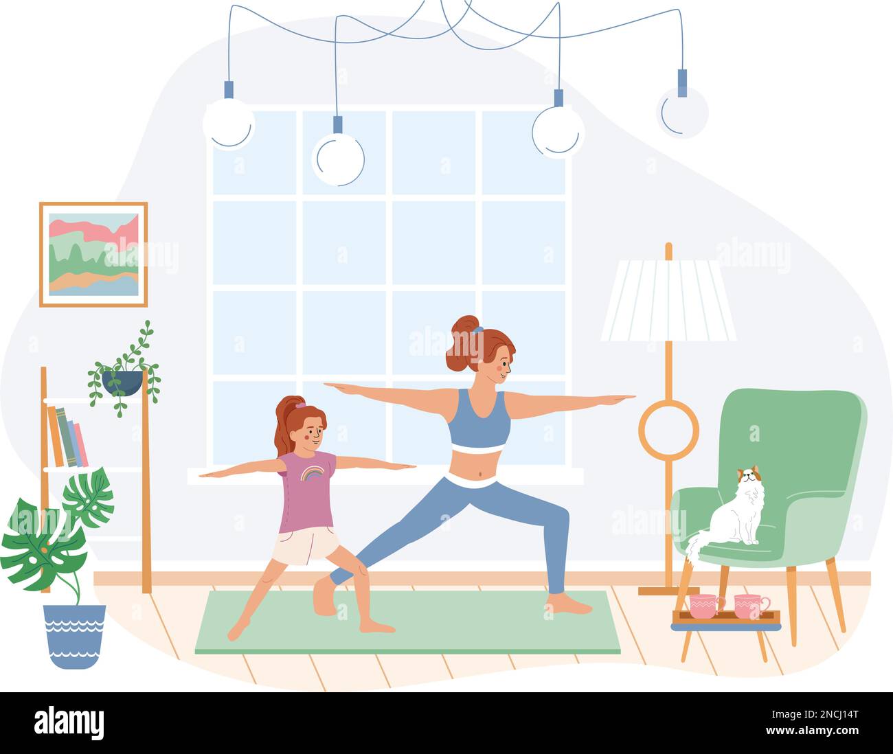 Family morning routine flat composition with mom and daughter doing fitness indoors vector illustration Stock Vector