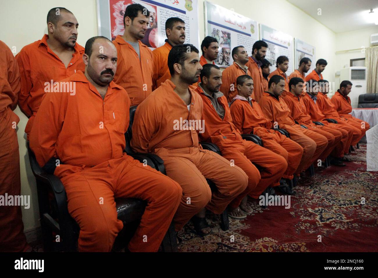 Handcuffed suspected terrorist are seen in the state Terrorist Combat