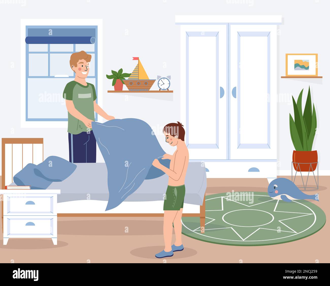 Family morning routine flat concept with father and son making bed vector illustration Stock Vector