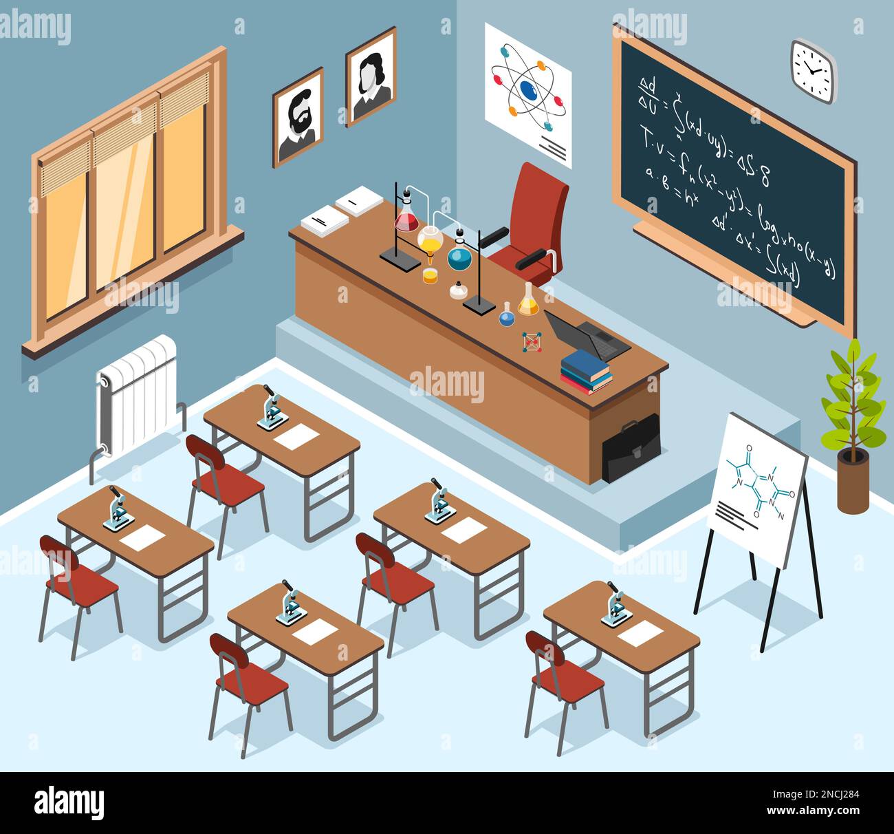 Isometric science class interior composition with indoor scenery of school classroom with desks