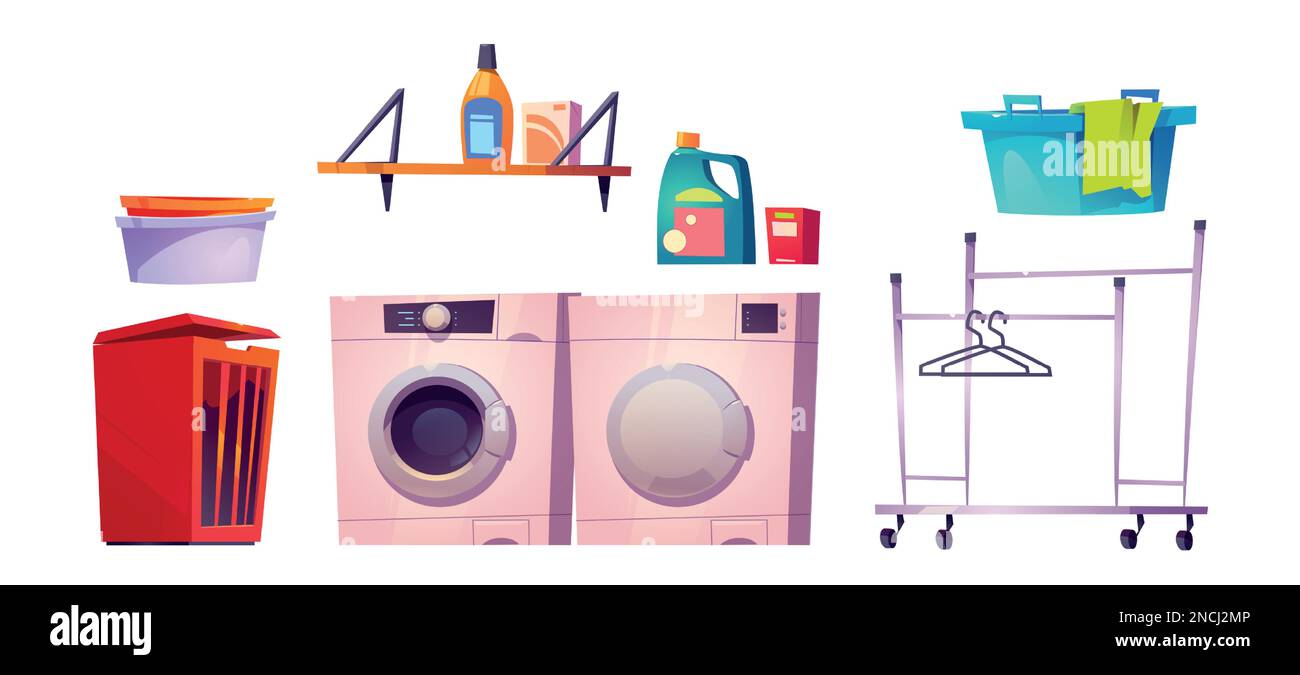 Laundry room set with wash machine, clothes basket, dryer and detergents. Household equipment, appliances for washing and drying clothes, hangers and plastic basins, vector cartoon illustration Stock Vector