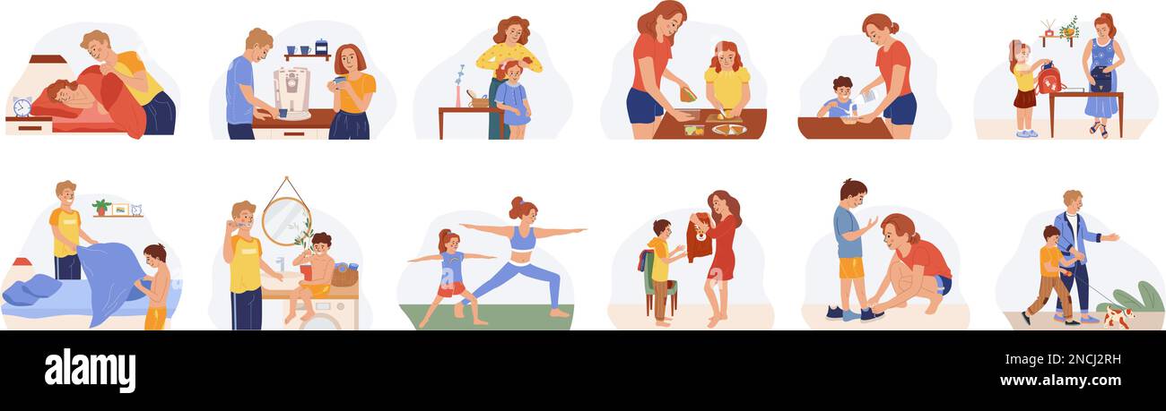 Family morning routine flat icons set  with parents and kids preparing for work and school isolated vector illustration Stock Vector