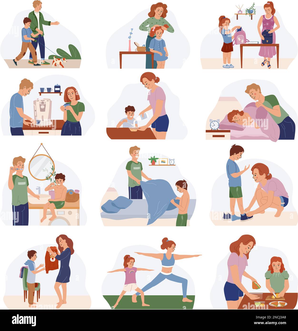 Family morning routine flat icons set with kids and adults preparing to work and school isolated vector illustration Stock Vector