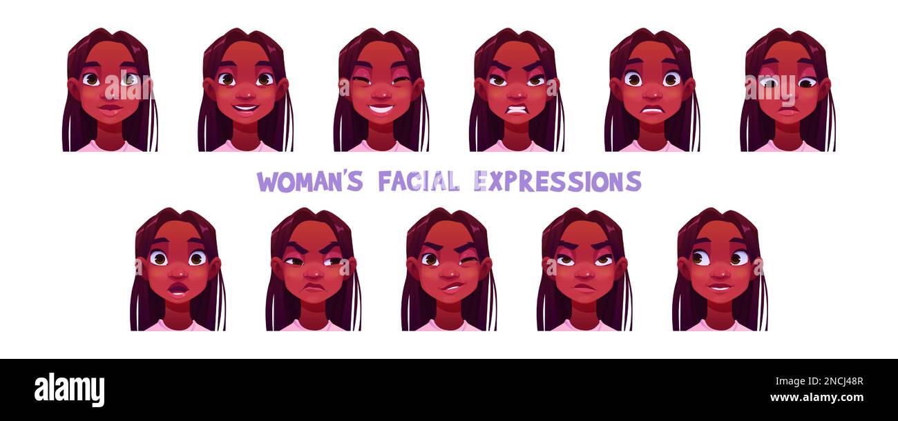 Girl character avatar, woman face with different emotions. Young african american woman with happy, angry, sad and surprised facial expression, vector cartoon set Stock Vector