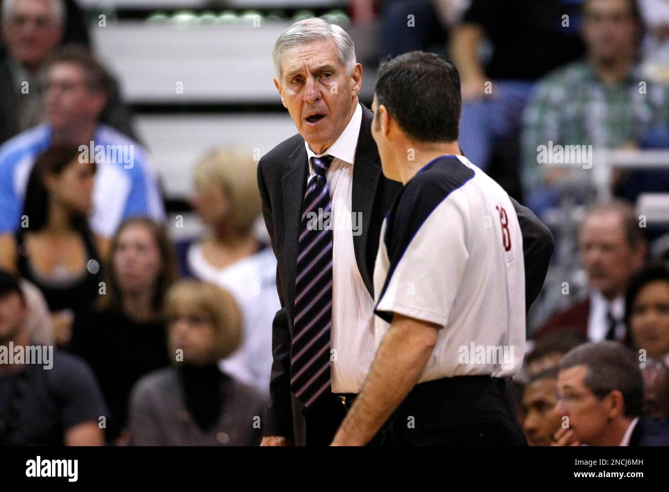 Utah Jazz head coach Jerry Sloan argues a call with official Monty