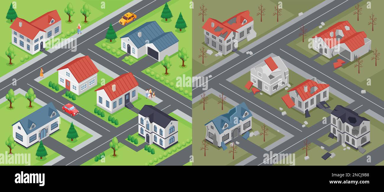 Isometric ruined city before and after compositions set with outdoor view of populated and abandoned district vector illustration Stock Vector