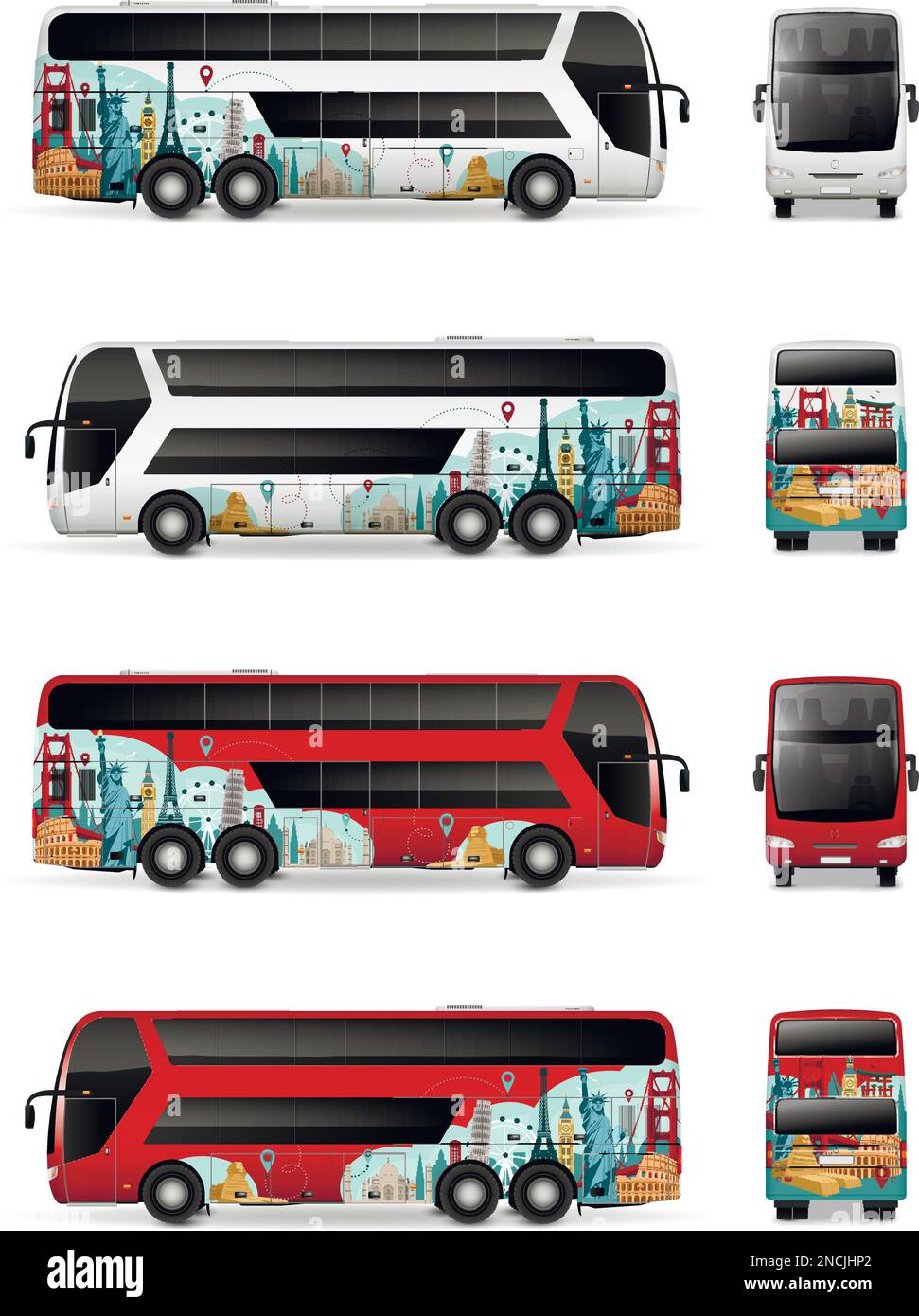 Bus realistic set with transportation symbols isolated vector illustration Stock Vector