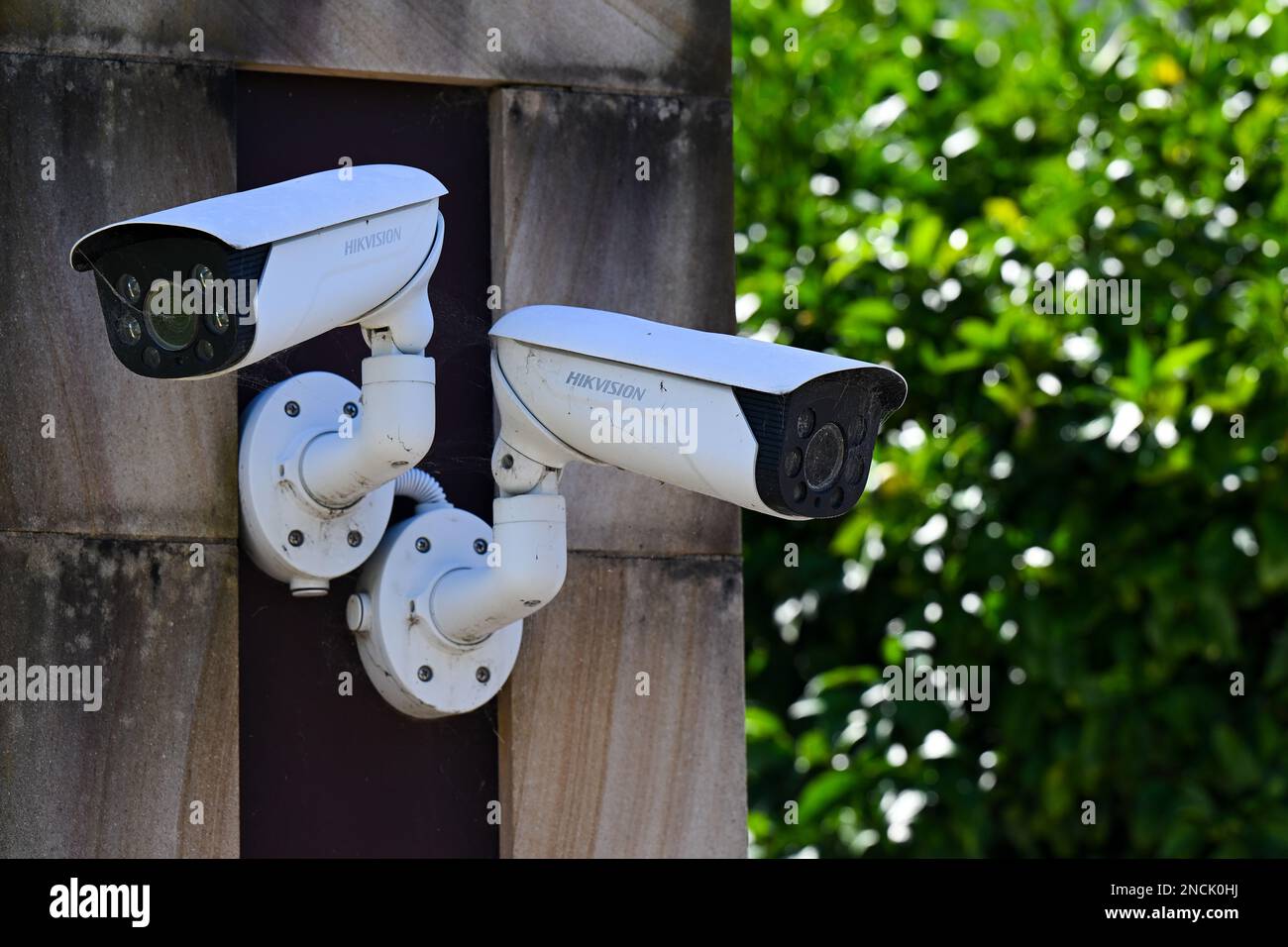 A Hikvision CCTV security camera is seen at a building in Canberra