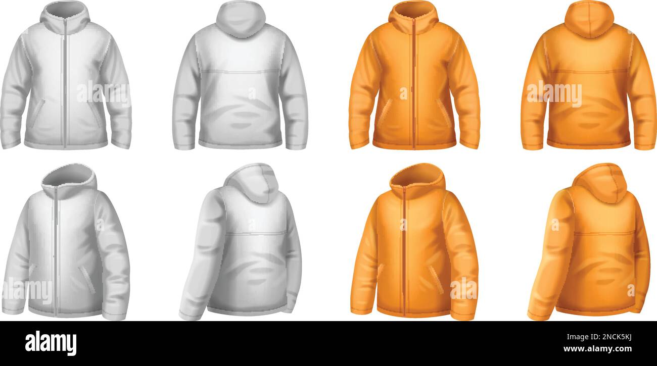 Realistic set of color winter jacket mockup front and back views ...