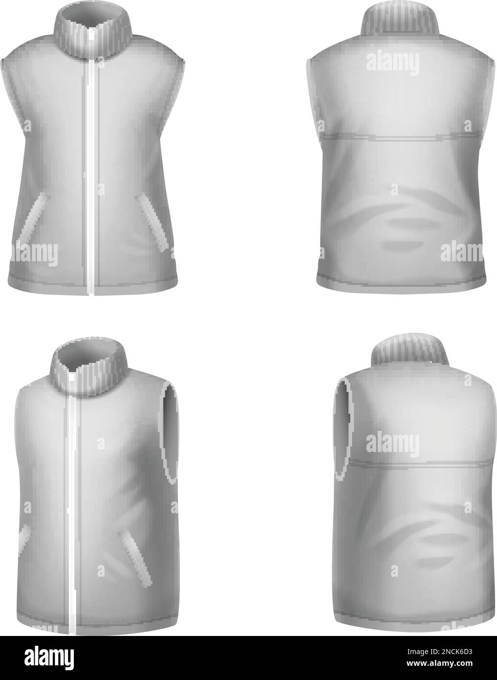 Realistic warm grey winter sleeveless jacket mockup front back view set