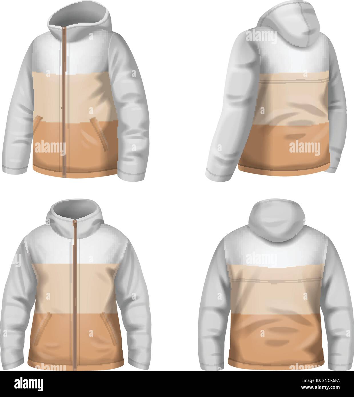 Three color male winter down jacket with hood and zip realistic set ...