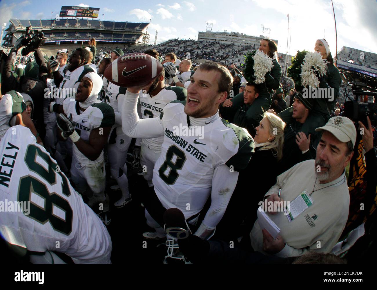 Michigan State quarterback Kirk Cousins 8 celebrates after a 28 22 win over Penn State in an NCAA college football game in State College Pa. Saturday Nov. 27 2010. AP Photo Gene J. Puskar