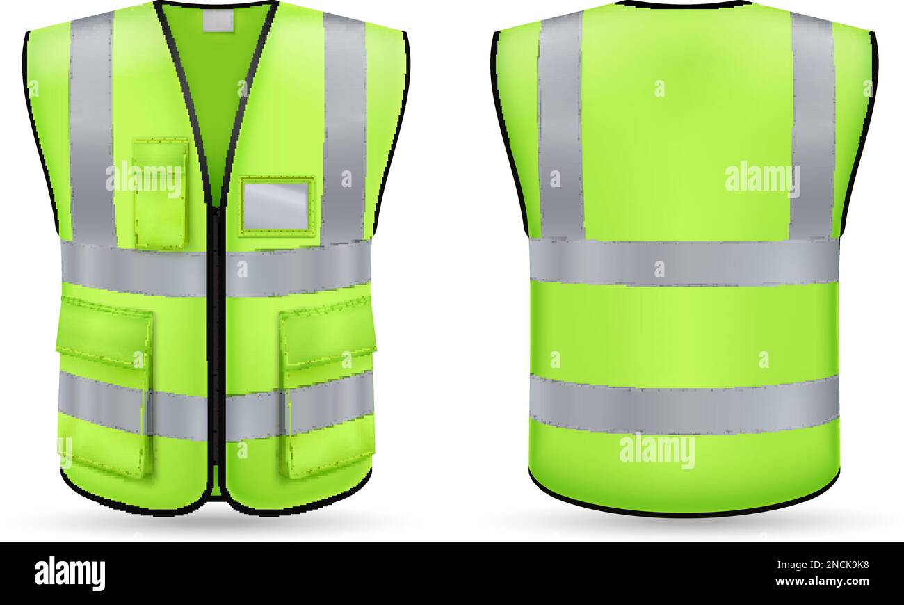 Front and back view of green vest mockup with reflective stripes and ...