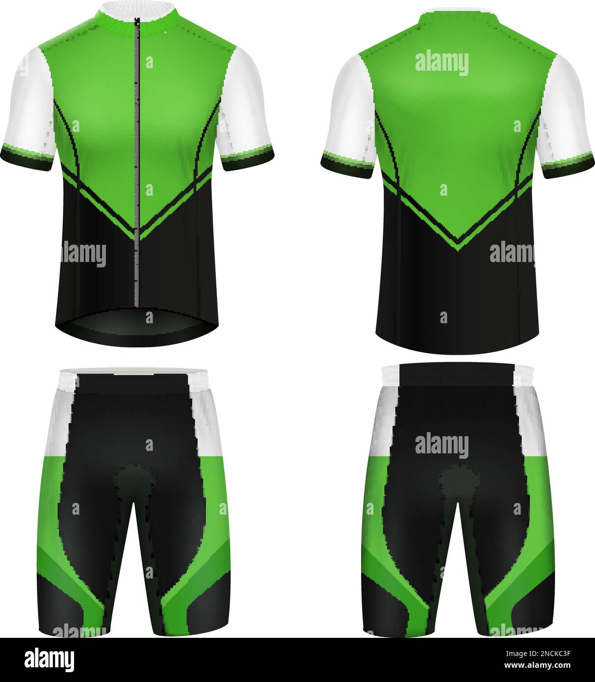 Front and rear view of cycling jersey mockup in green and black colors isolated on white background  realistic vector illustration Stock Vector