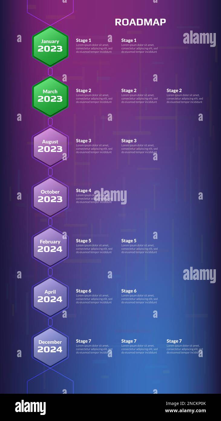 Vertical roadmap with hexagon stages on purple blue background. Timeline infographic template for business presentation. Vector illustration. Stock Vector