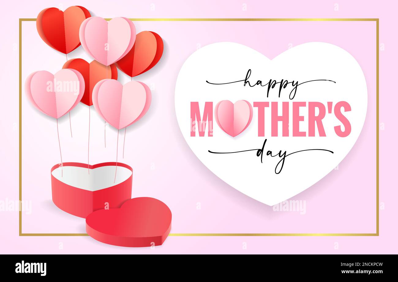 Happy Mothers Day banner with heart gift box and paper hearts. Vector design for Mother's day or sale shopping special offer banner. Best Mom ever Stock Vector