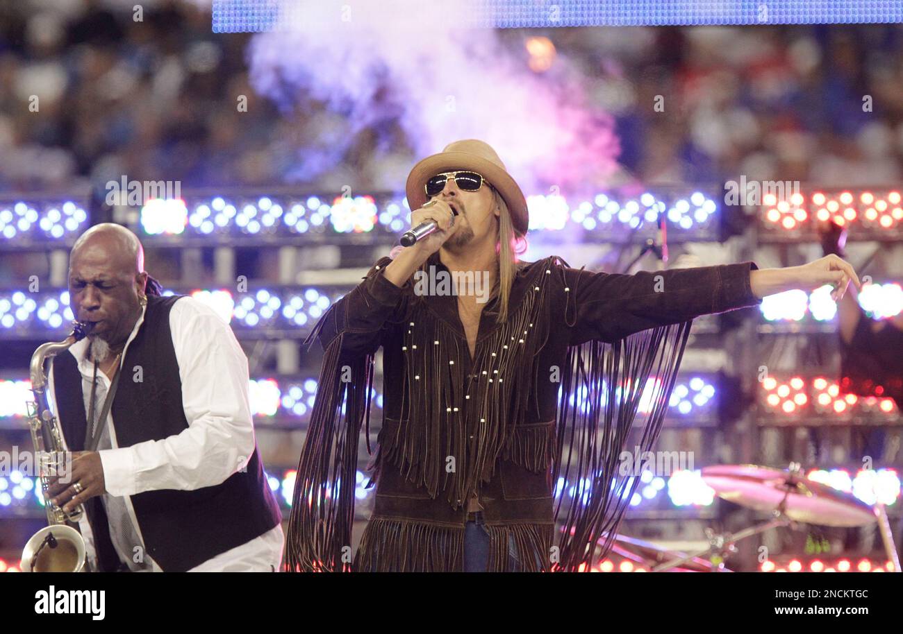 Musician Kid Rock performs during half time ceremony at the NFL ...