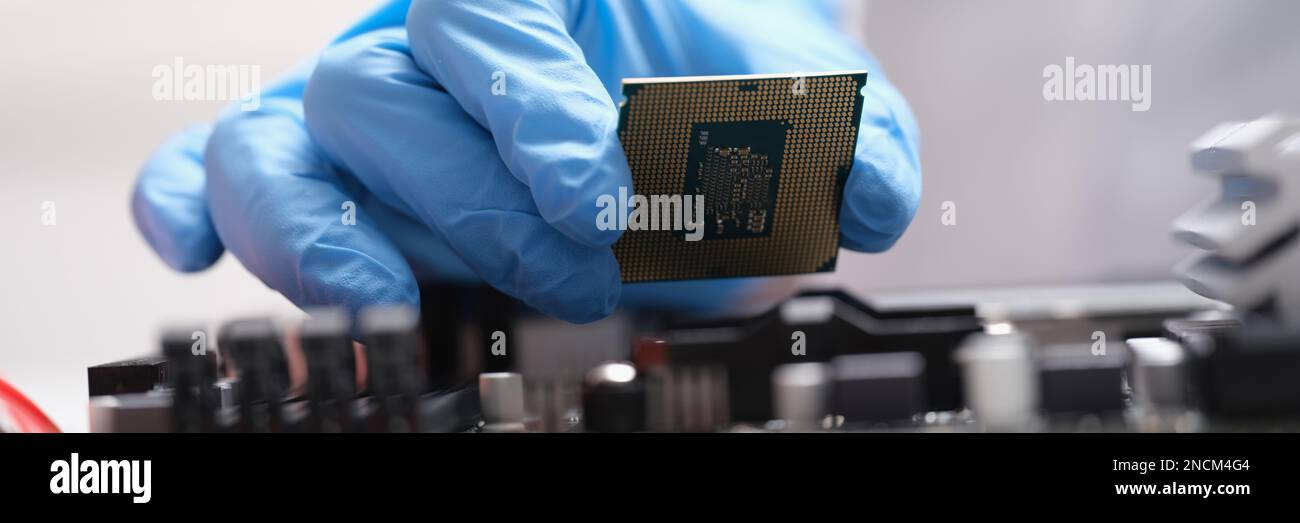 Computer engineers hand is holding cpu processor Stock Photo - Alamy