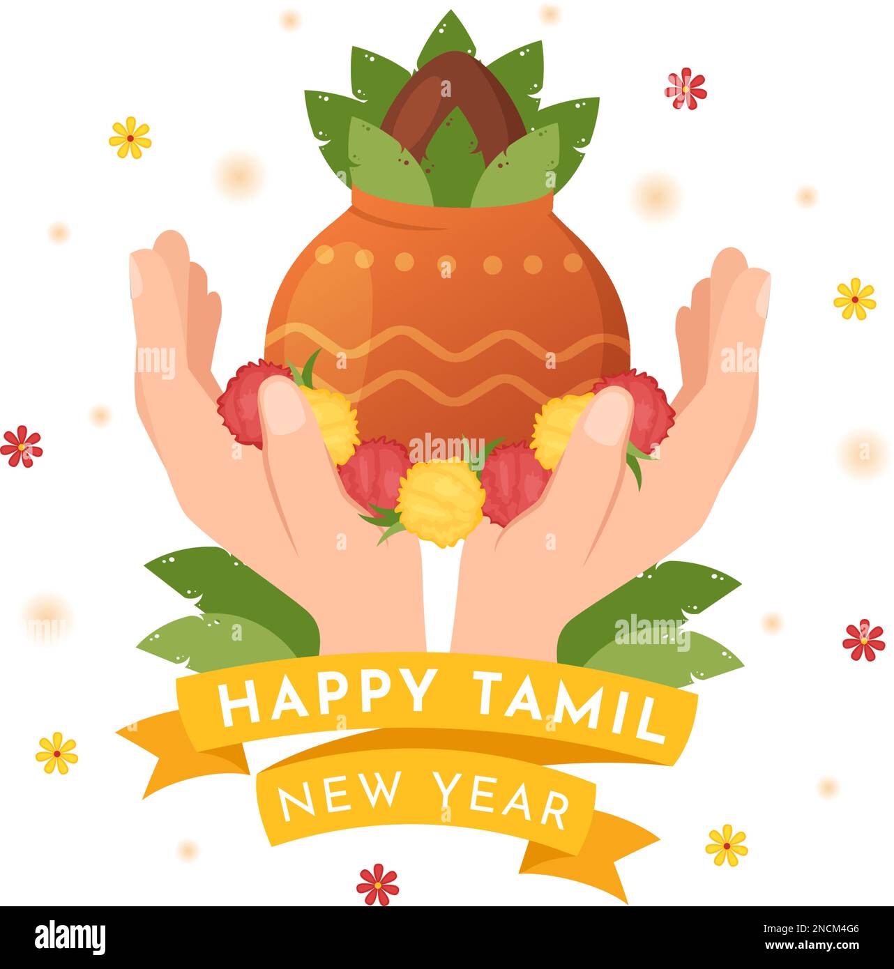 Happy Tamil New Year Illustration with Vishu Flowers, Pots and Indian Hindu Festival in Flat Cartoon Hand Drawn for Landing Page Templates Stock Vector