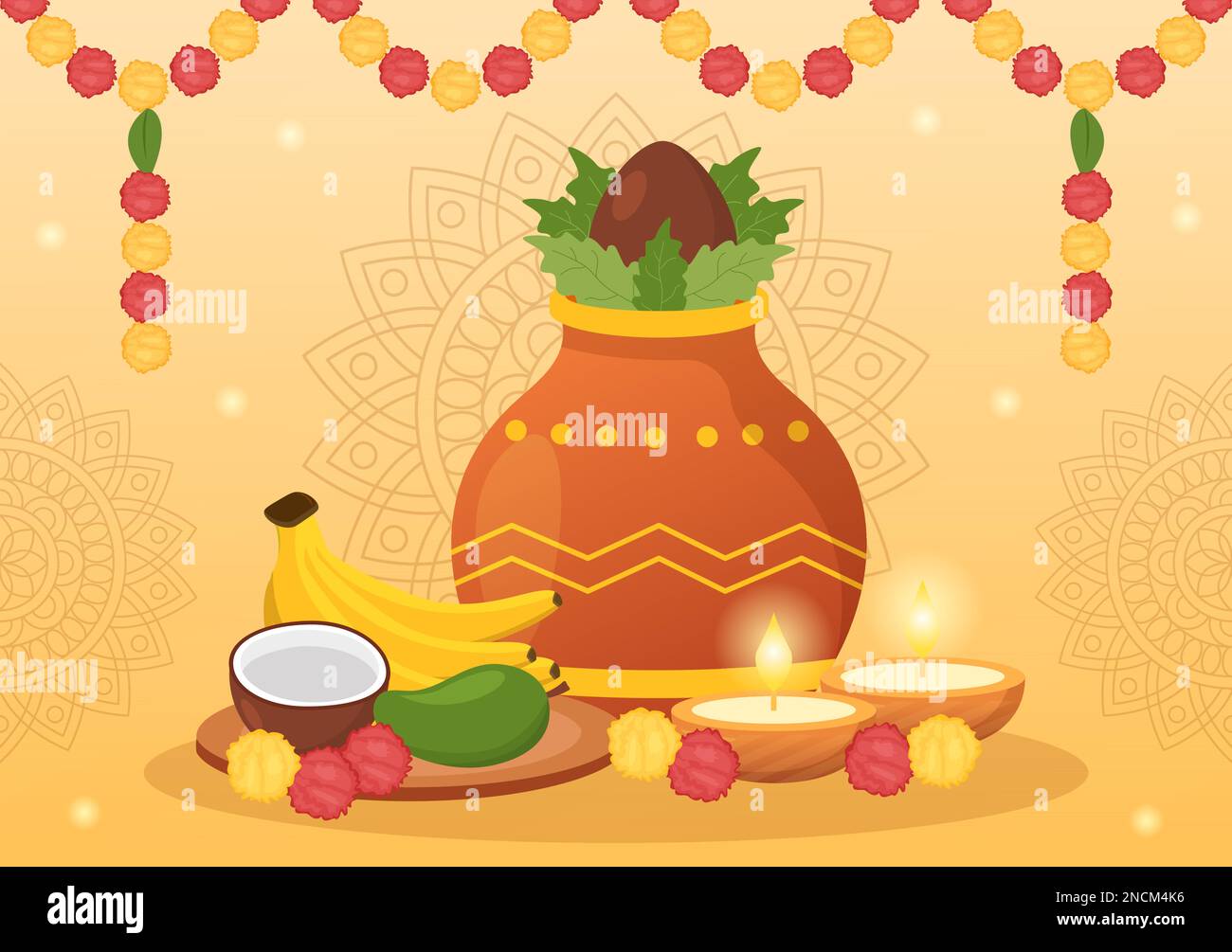 Happy Tamil New Year Illustration with Vishu Flowers, Pots and Indian