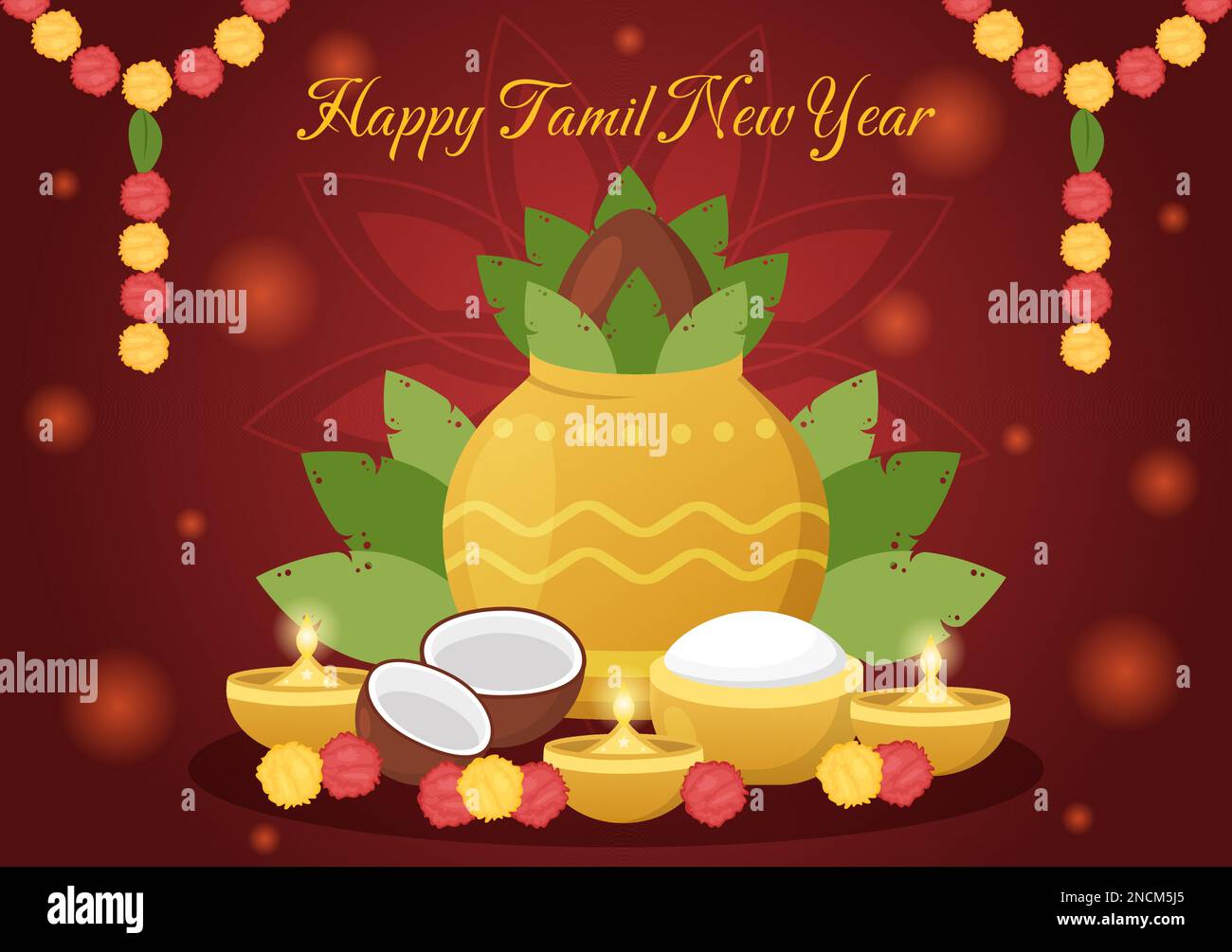Happy Tamil New Year Illustration with Vishu Flowers, Pots and Indian