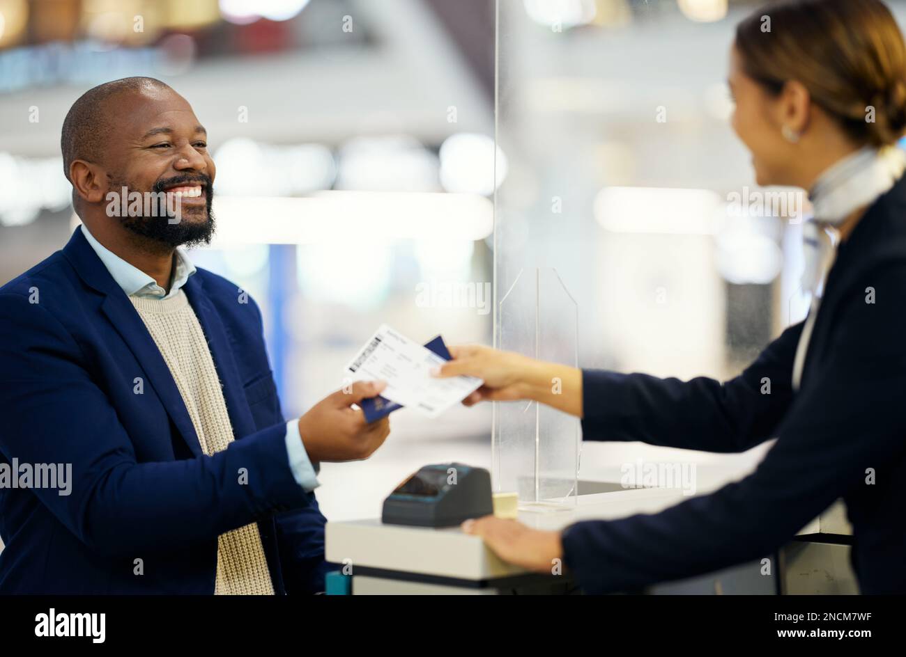 Airport, black man and passport for travel, woman assist client, smile
