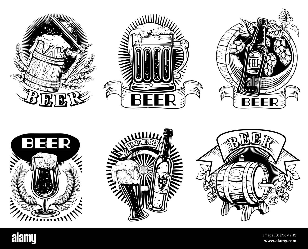 Beer icons or badges, set vector illustrations. Beer labels with ...
