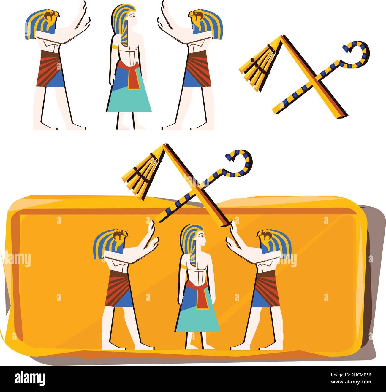 Stone board or clay tablet and Egyptian figures cartoons vector illustration. Wall art or mural element, monumental painting gods and human figures, sun god with bird head and pharaoh in nemes hat Stock Vector
