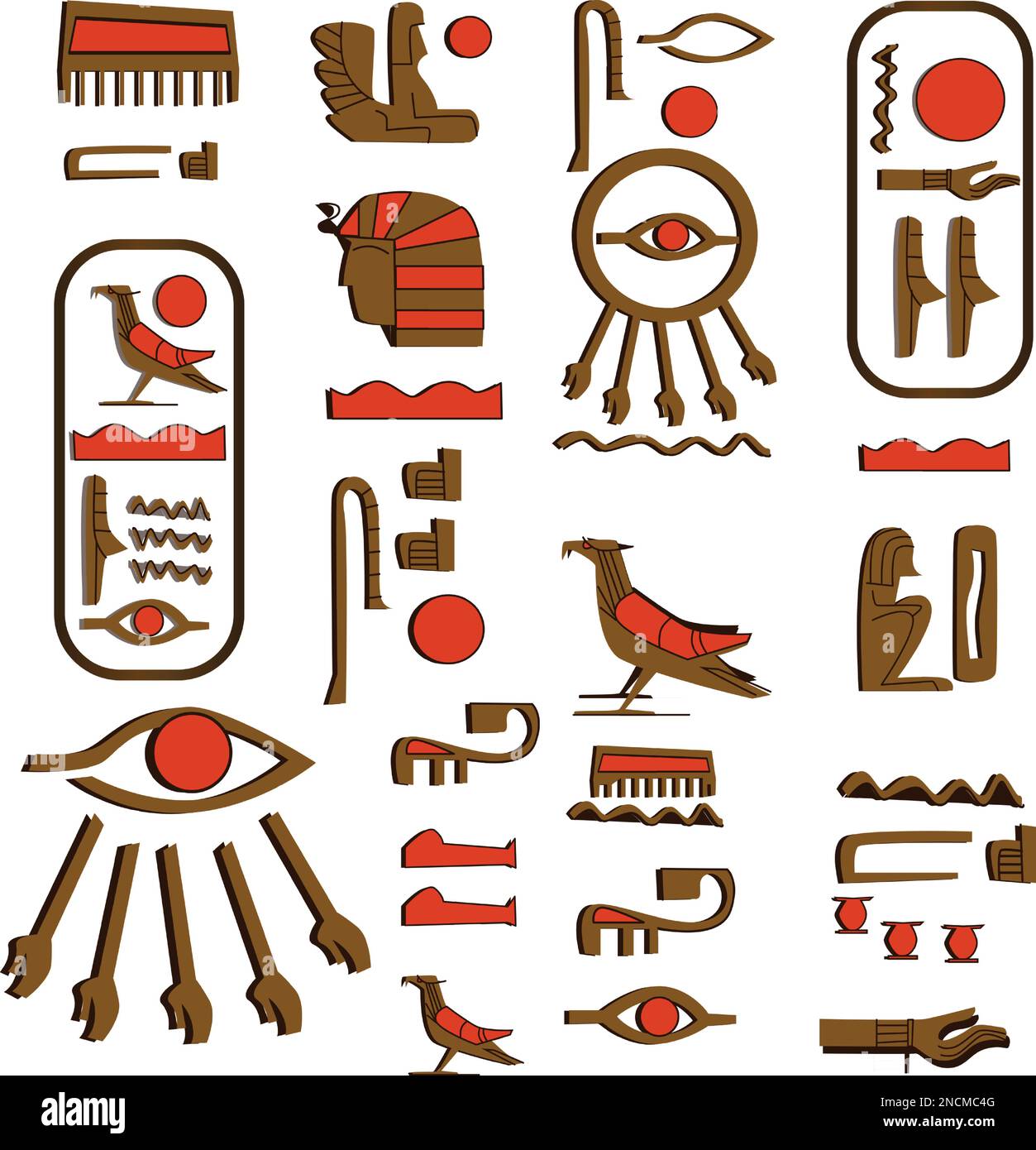 Ancient Egypt hieroglyphs cartoon vector collection. Egyptian culture symbols, pharaoh, sacred bird falcon and eye of Horus or Ra, wadjet isolated on a white background Stock Vector