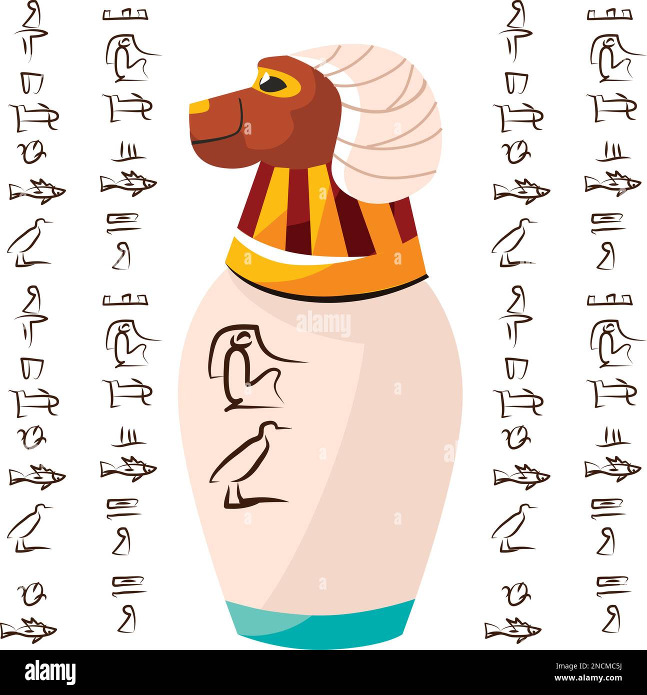 Ancient Egyptian ritual vase with ram head and hieroglyphs cartoons vector illustration. Decorative urn for sacrifice to god Khnum or storage of temple treasures, isolated on white background Stock Vector