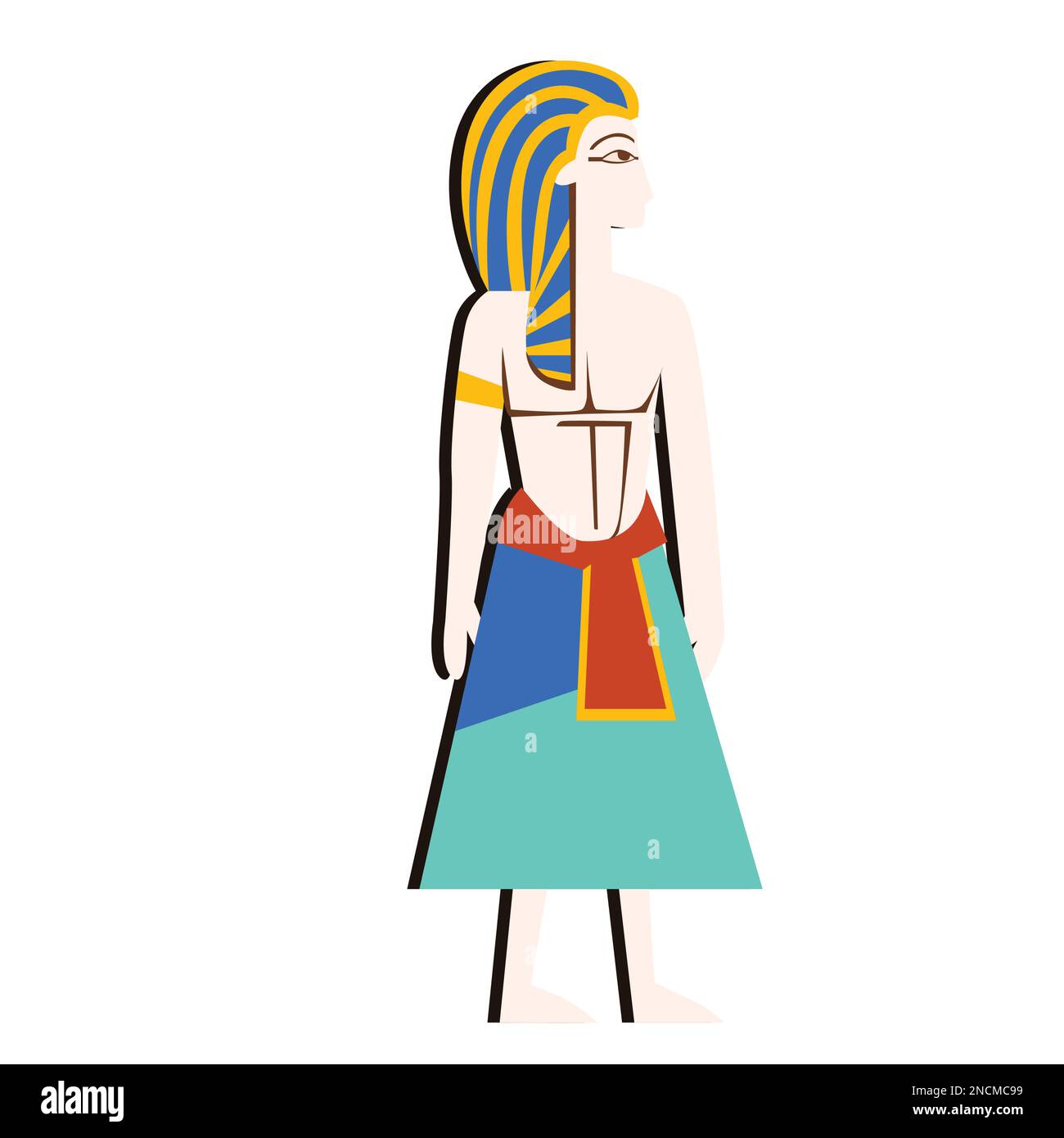 Ancient Egypt wall art or mural element cartoon vector. Ancient monumental painting with Egyptian culture symbol, pharaoh figure, man in blue yellow nemes hat, headdress, isolated on white background Stock Vector