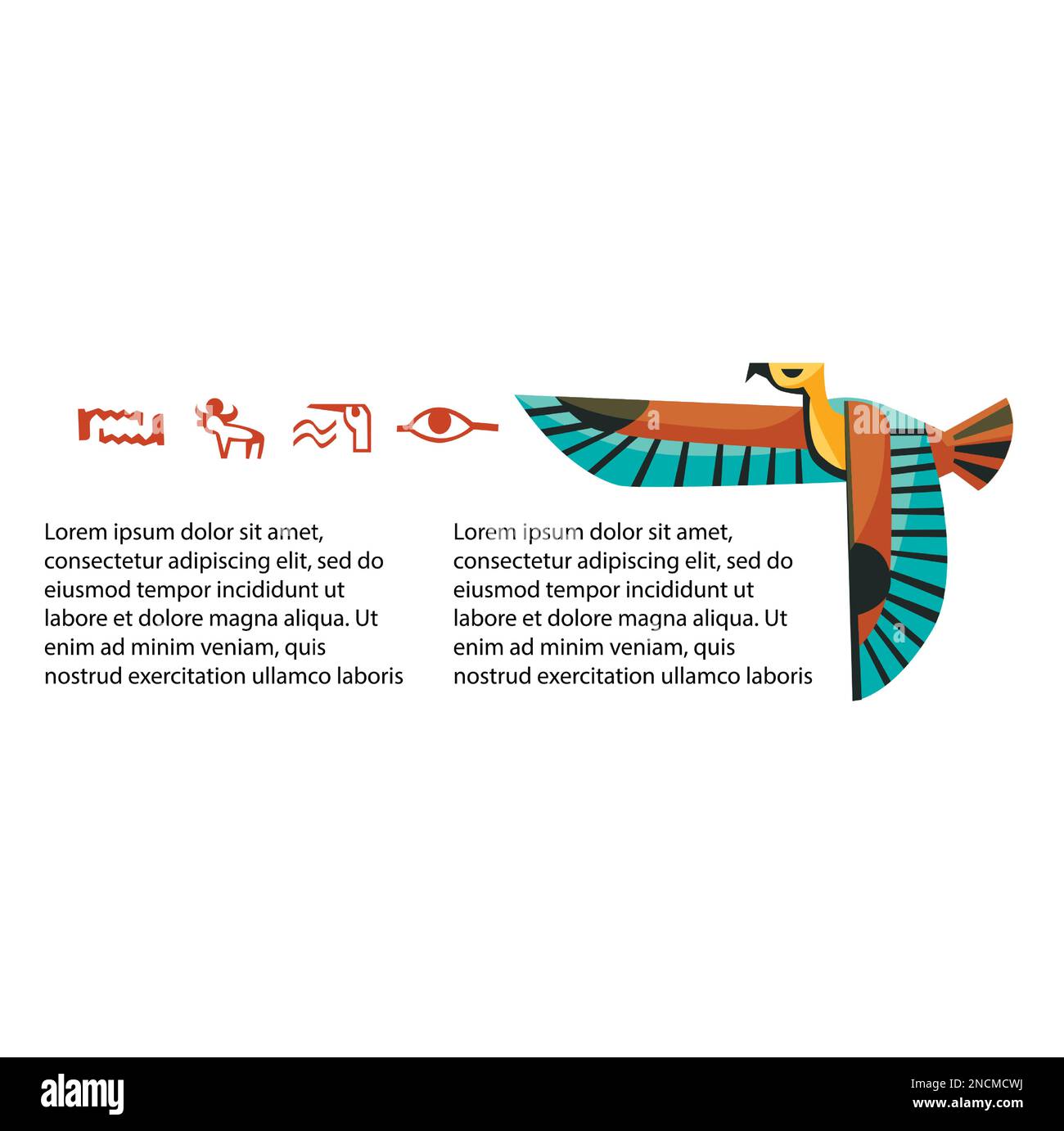 Ancient Egypt hieroglyphs and flying bird, sacred falcon frame cartoon