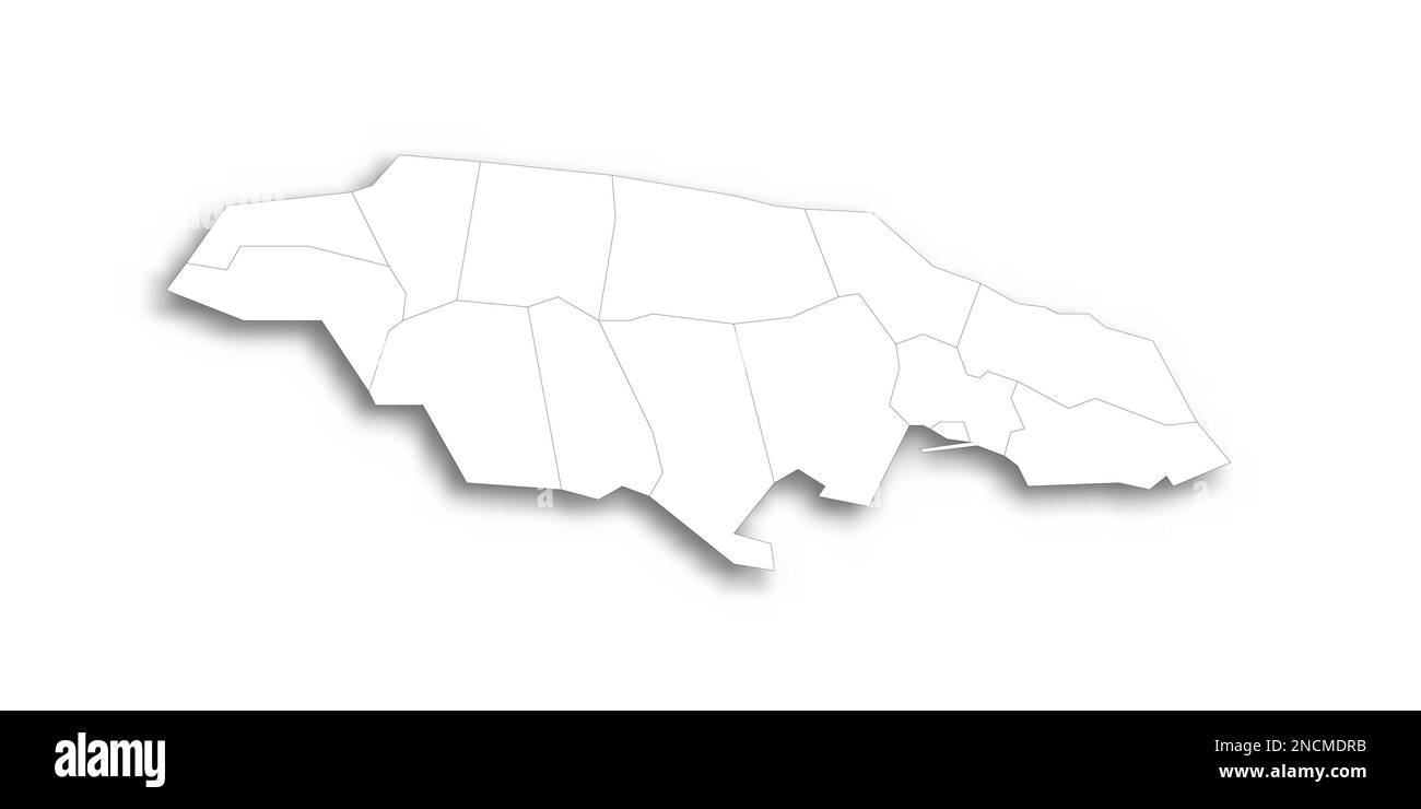 Jamaica political map of administrative divisions - parishes. Flat white blank map with thin 