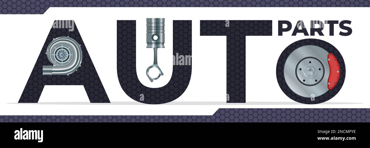 Auto parts realistic concept with spare parts text symbols vector