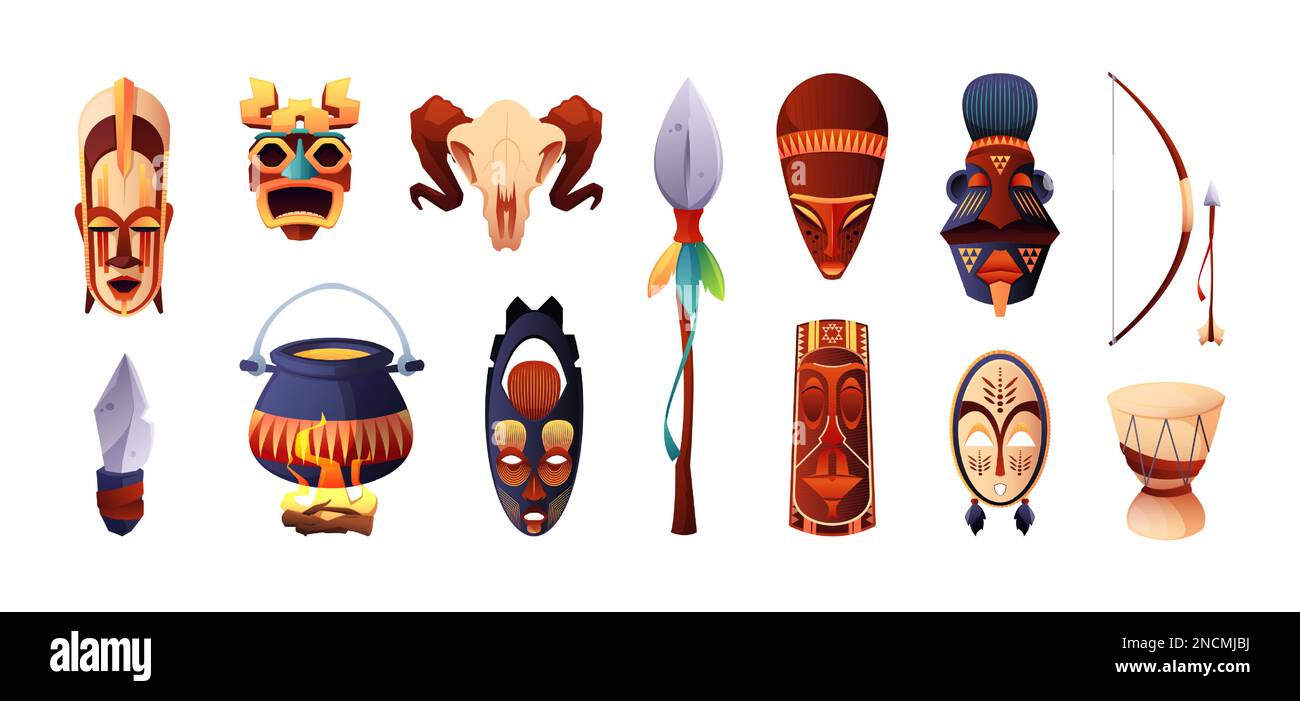 African ceremonial masks. Cartoon ancient ritual tribal symbols, traditional Africa zulu aborigine voodoo religion face shaped totem idols. Vector collection. Ethnic attributes, drum, bow and spear Stock Vector