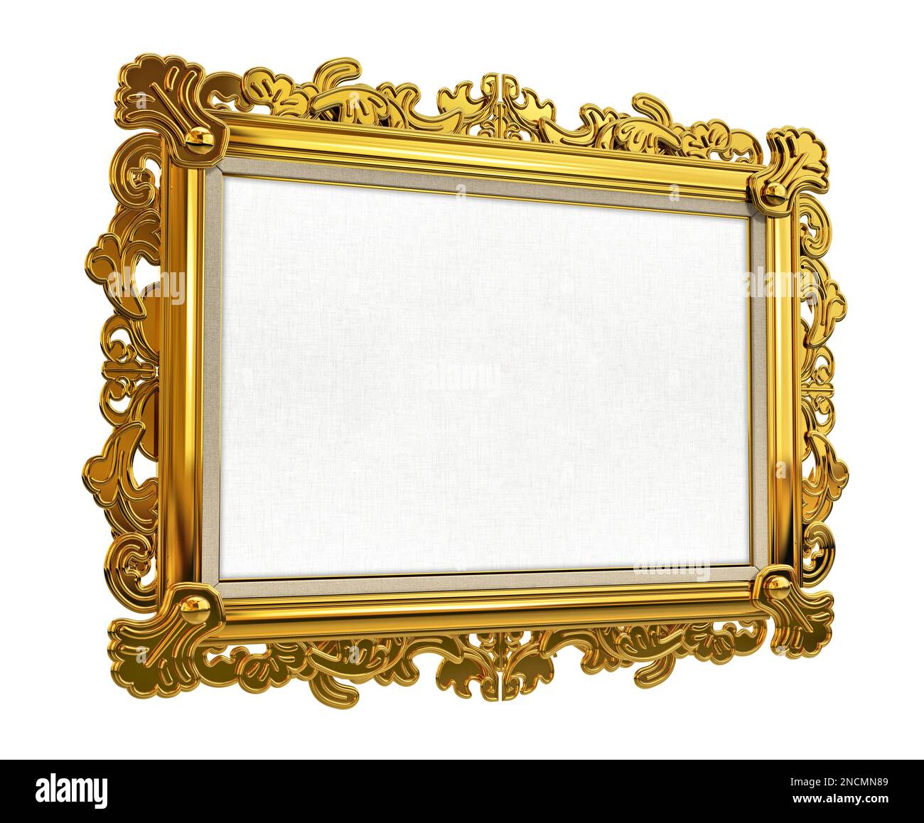 Golden picture frame with blank canvas isolated on white background. 3D