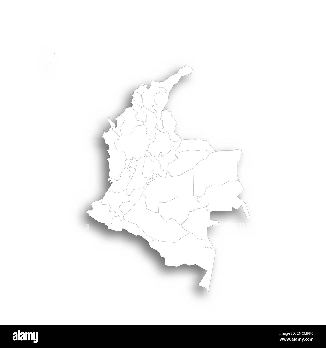 Colombia political map of administrative divisions - departments and capital district. Flat white blank map with thin black outline and dropped shadow. Stock Vector