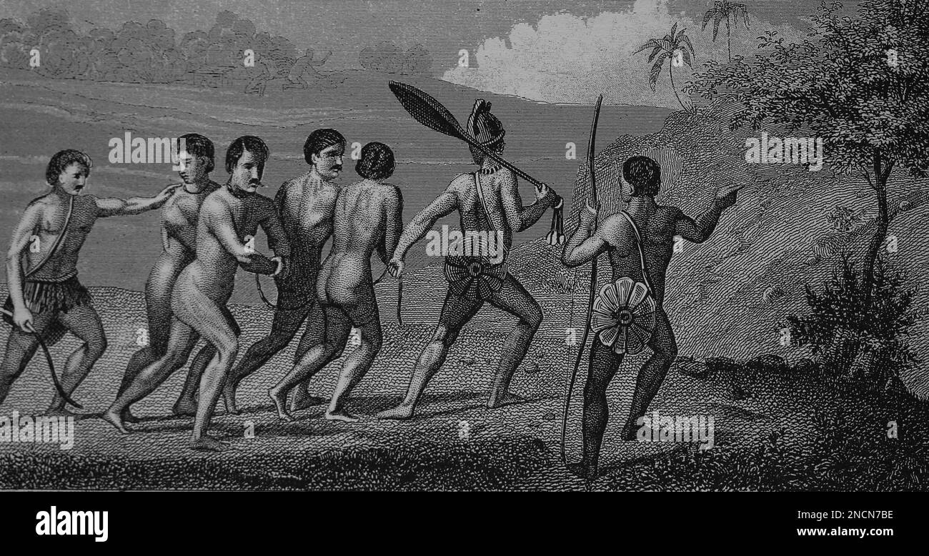 South America. Brazil. Tuinamba people. Prisoners of war. Engraving, 19th century. Stock Photo
