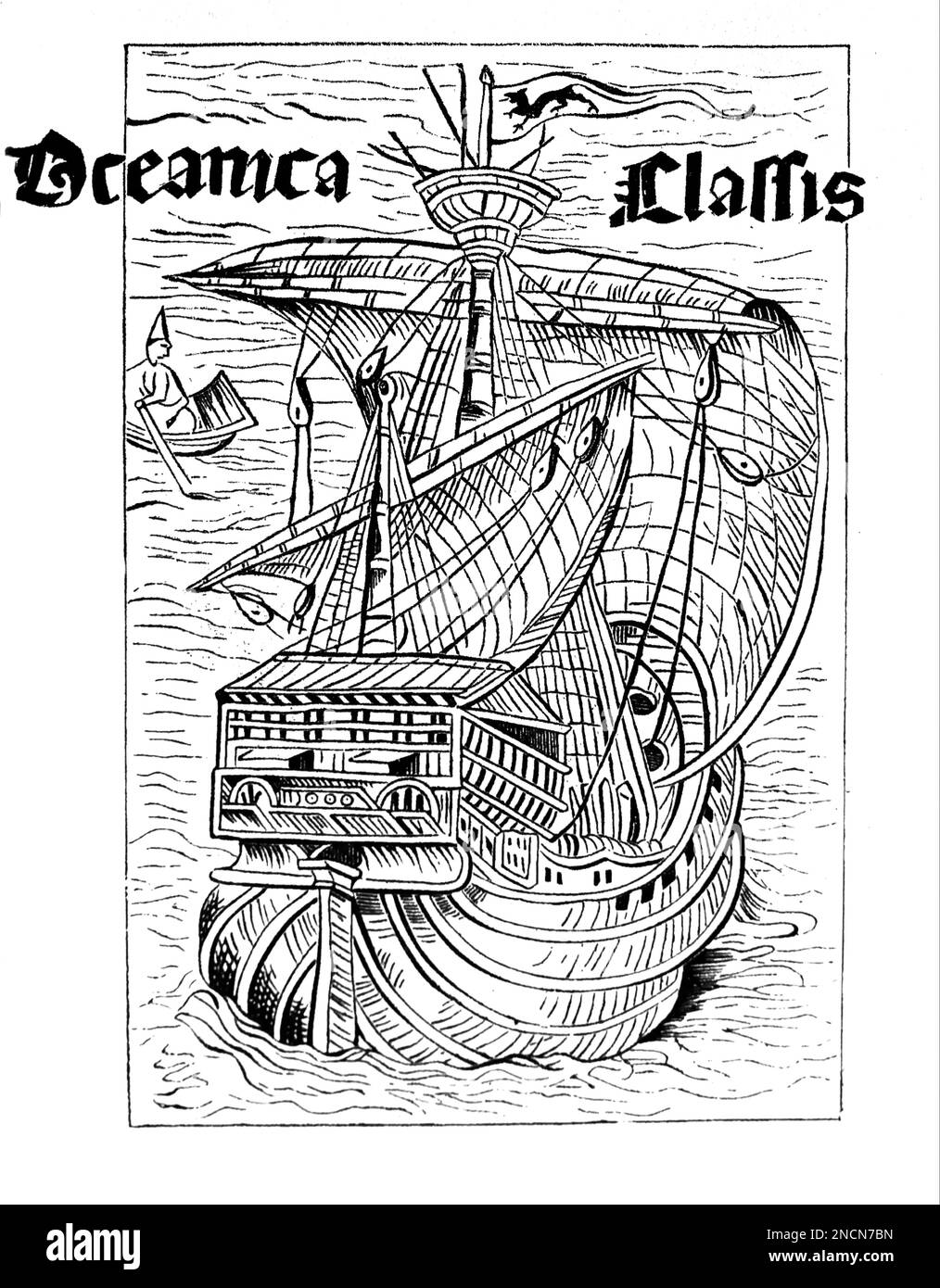 Spanish caravel 'La Pinta' which  Christopher Columbus discovered America in 1492. Engraving by Christopher Columbus. Stock Photo
