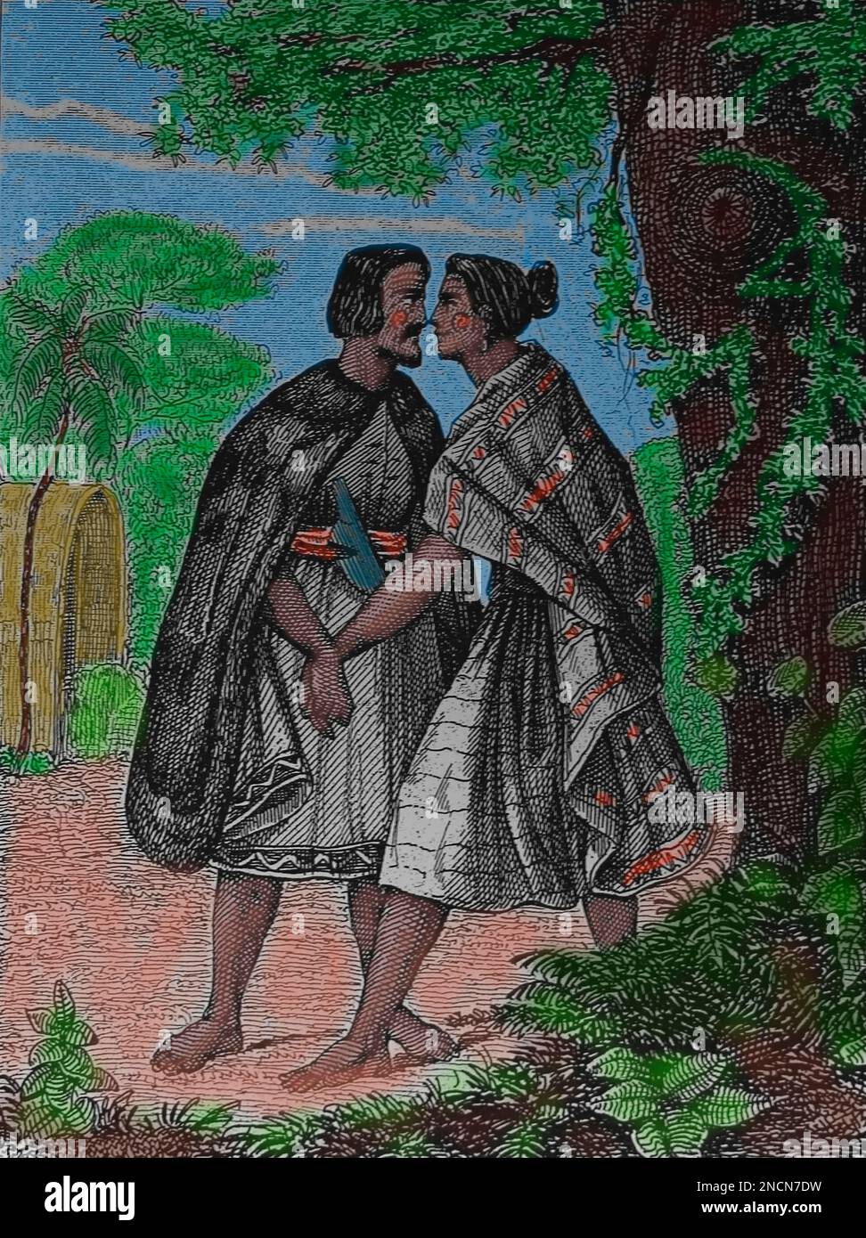 New Zealand. The traditional Maori greeting, the hongi. Pressing noses. Engraving. 19th century. Stock Photo