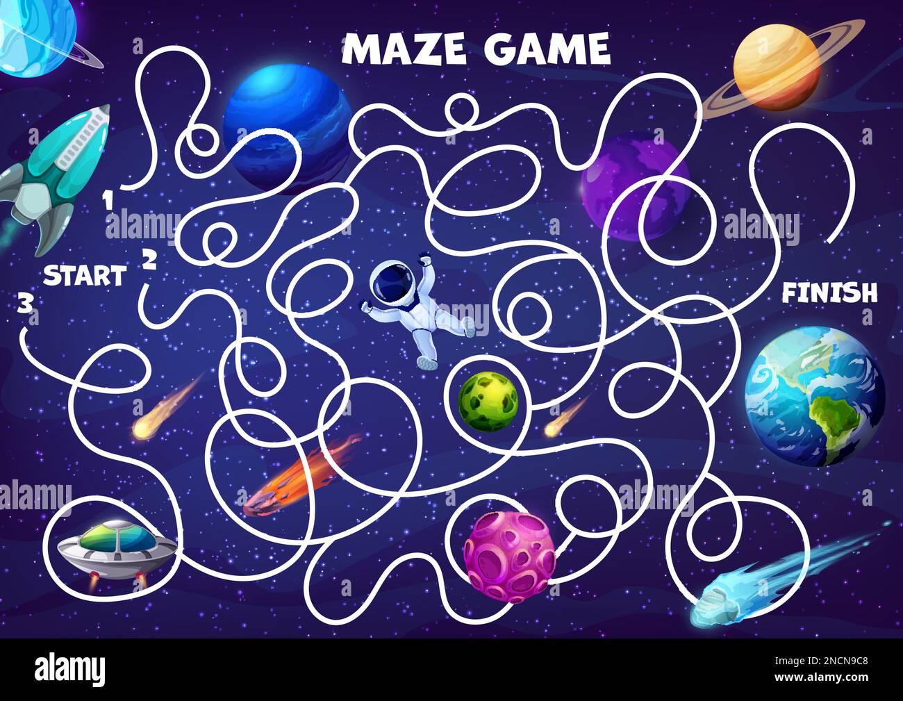 Space labyrinth maze find astronaut, rocket and Earth Kids