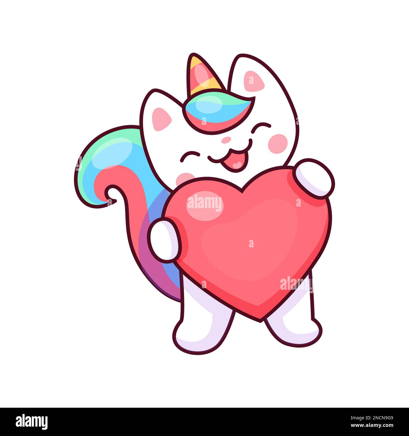 Caticorn character with big heart in paws. Isolated vector fantasy
