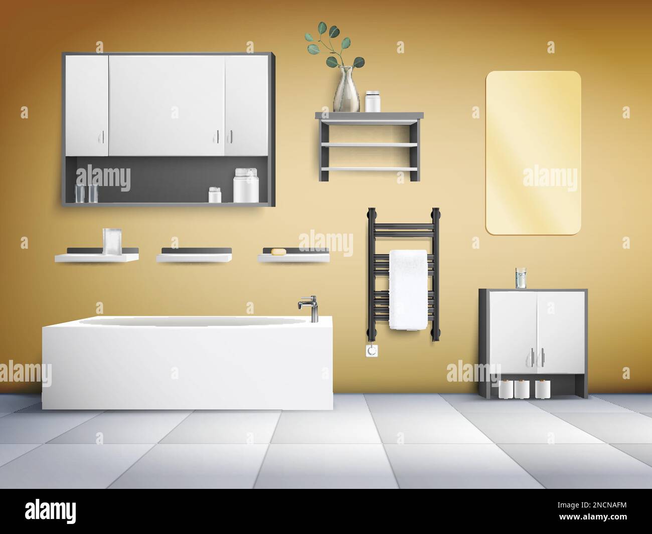 Realistic modern bathroom interior in minimalist style with bath