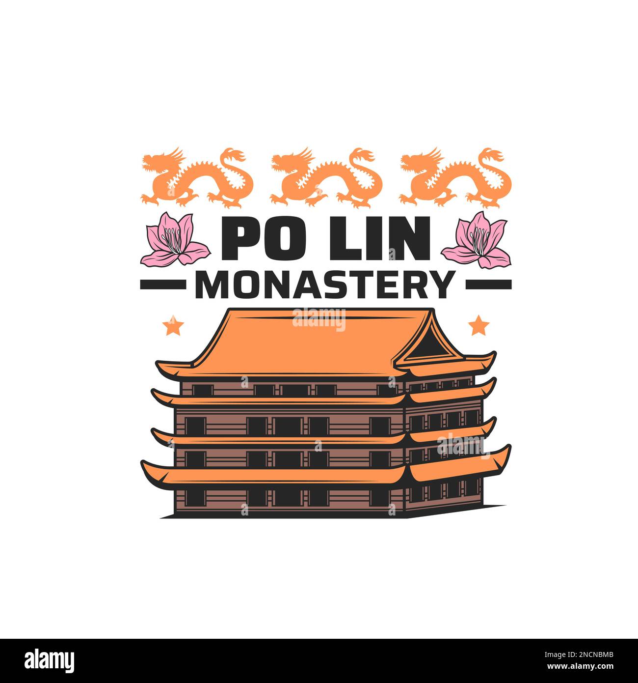 Po Lin monastery. Hong Kong travel icon. Asian journey or Hong Kong trip vintage symbol, emblem or vector icon with Buddhism or Taosism religion temple or nunnery pagoda building, travel landmark Stock Vector