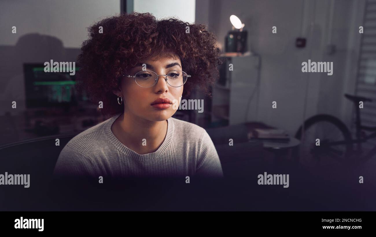 Web design, coding and woman reading on a computer for website software, it and planning. Designer, database and worker with a pc for programming Stock Photo